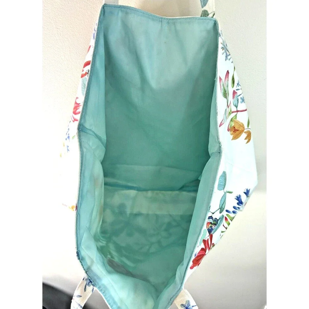 Estee Lauder White Floral Printed Canvas Shopper Tote Bag Mint Green Liner 
